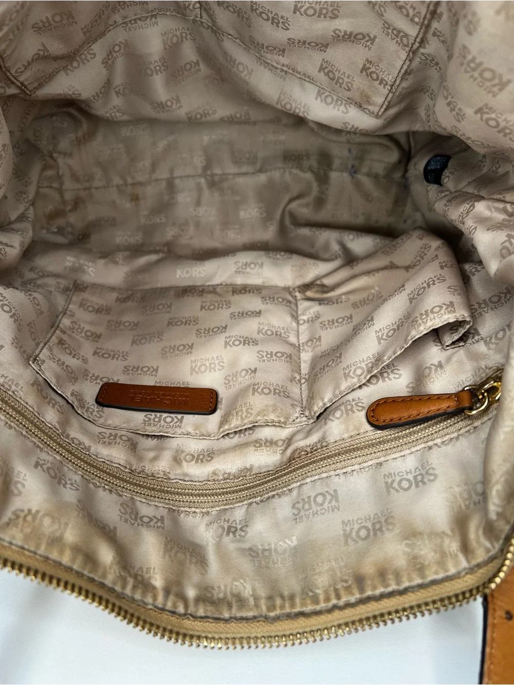 Michael Kors Tan Signature MK Monogram Tote with Brown Leather Straps
